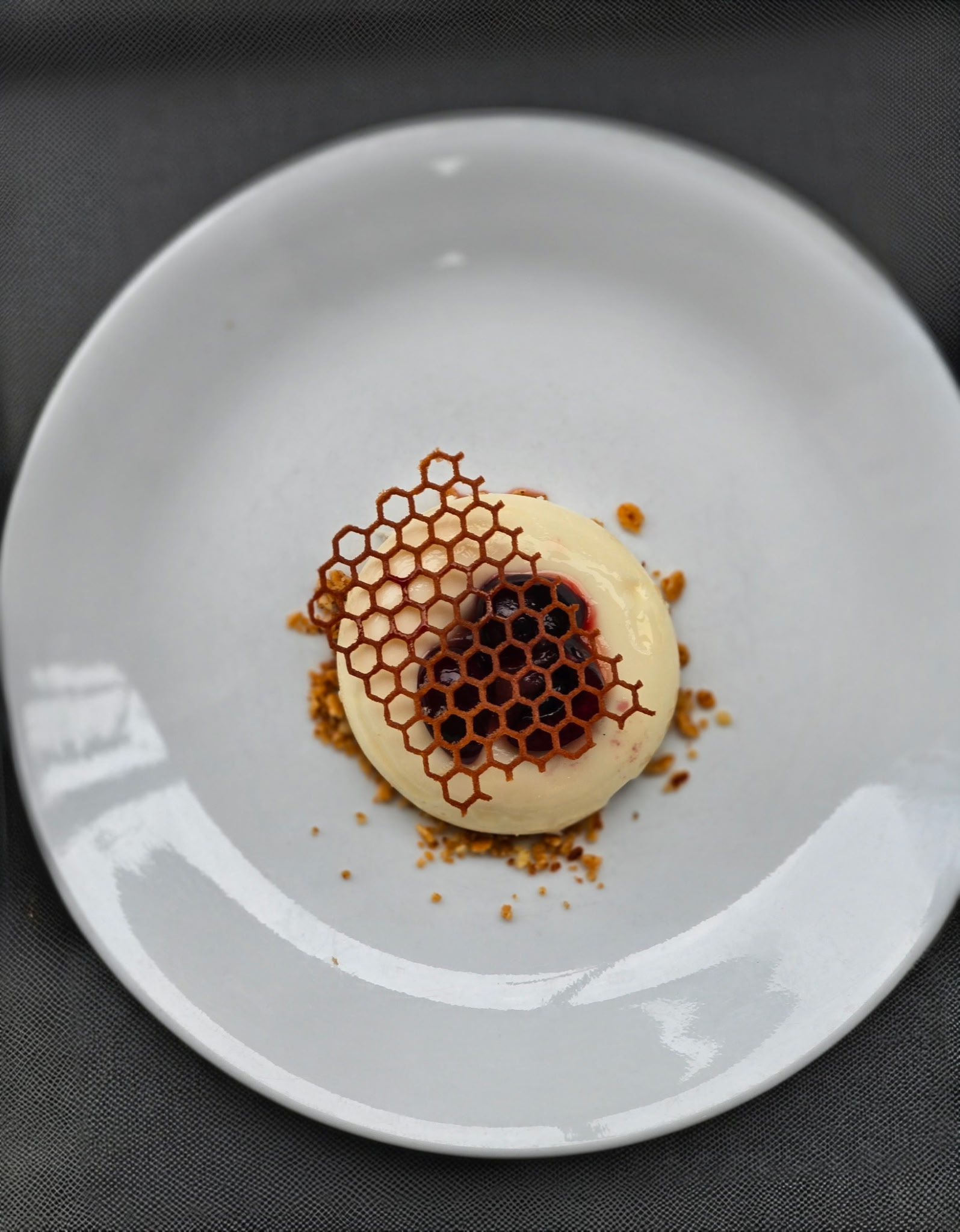 Honeycomb dessert on white plate